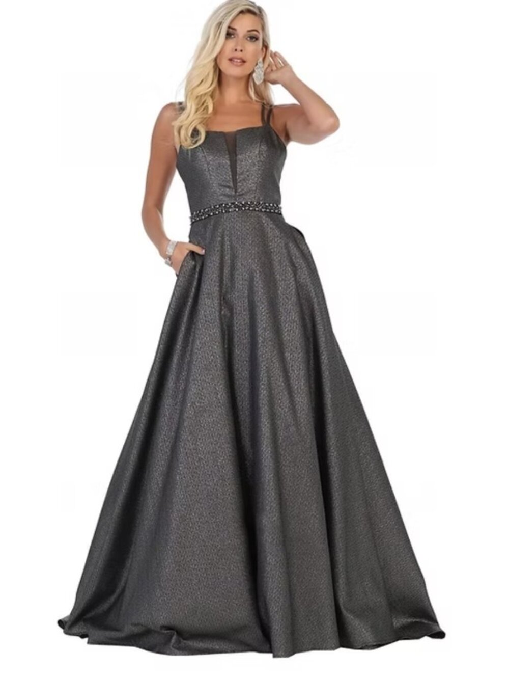 Size 16 black/silver shimmer thin strap x back Aline gown w/ w/ pockets NWT